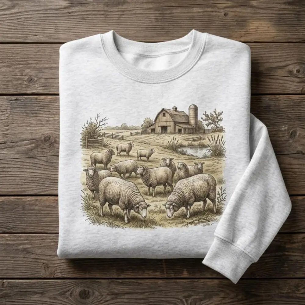 Cottagecore Women's Sweatshirt with Sheep Graphic, Vintage Farmhouse Polyester Blend Round Neck Top, Fitted, Long Sleeve, Tops, Hand Wash, Graphic Art, Digital Print, Fitted Cut, Cotton, No
