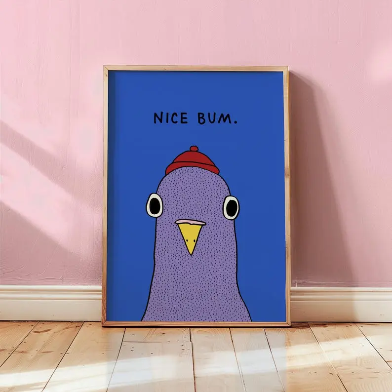 Quirky Pigeon 'Nice Bum' Poster Funny Retro Bathroom Wall Art