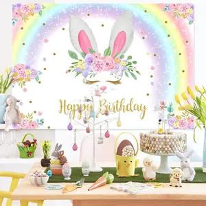 2D Flat Banner 1pc Rabbit Birthday Decoration Background, Spring Easter Floral Rainbow Bunny Happy Birthday Photo Backdrop, Decorative Banner