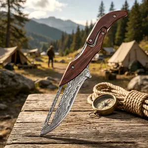 Multifunctional Damascus Steel Camping Knife, Household Kitchen Cutting Tool for BBQ Cooking, Unique Gift for Men