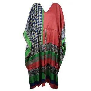 Festive Boho Beach Kaftan, Red, Green Check Silk Caftan Maxi Dress L-2X