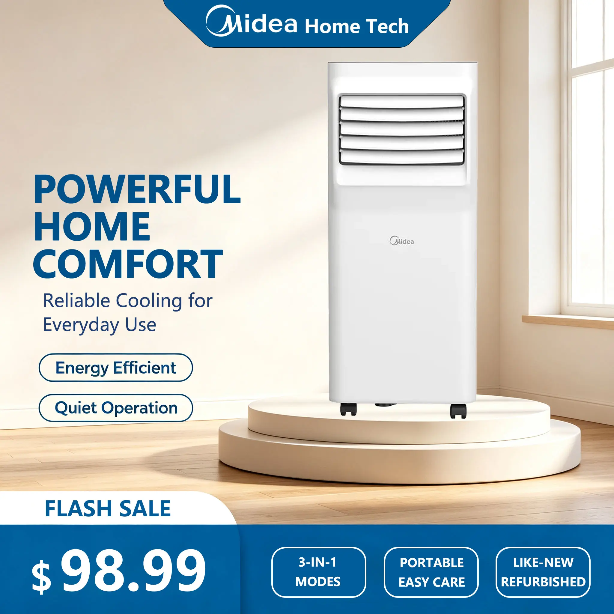 Refurbished Midea  3-in-1 Portable Air  | Cools, Dehumidifies, Ventilates | Washable Air Filter | Easy Install with Hardware & Guide | Lightweight & Portable for Room-to-Room Use | Pre-Owned Midea Portable AC Unit conditioner-Like New