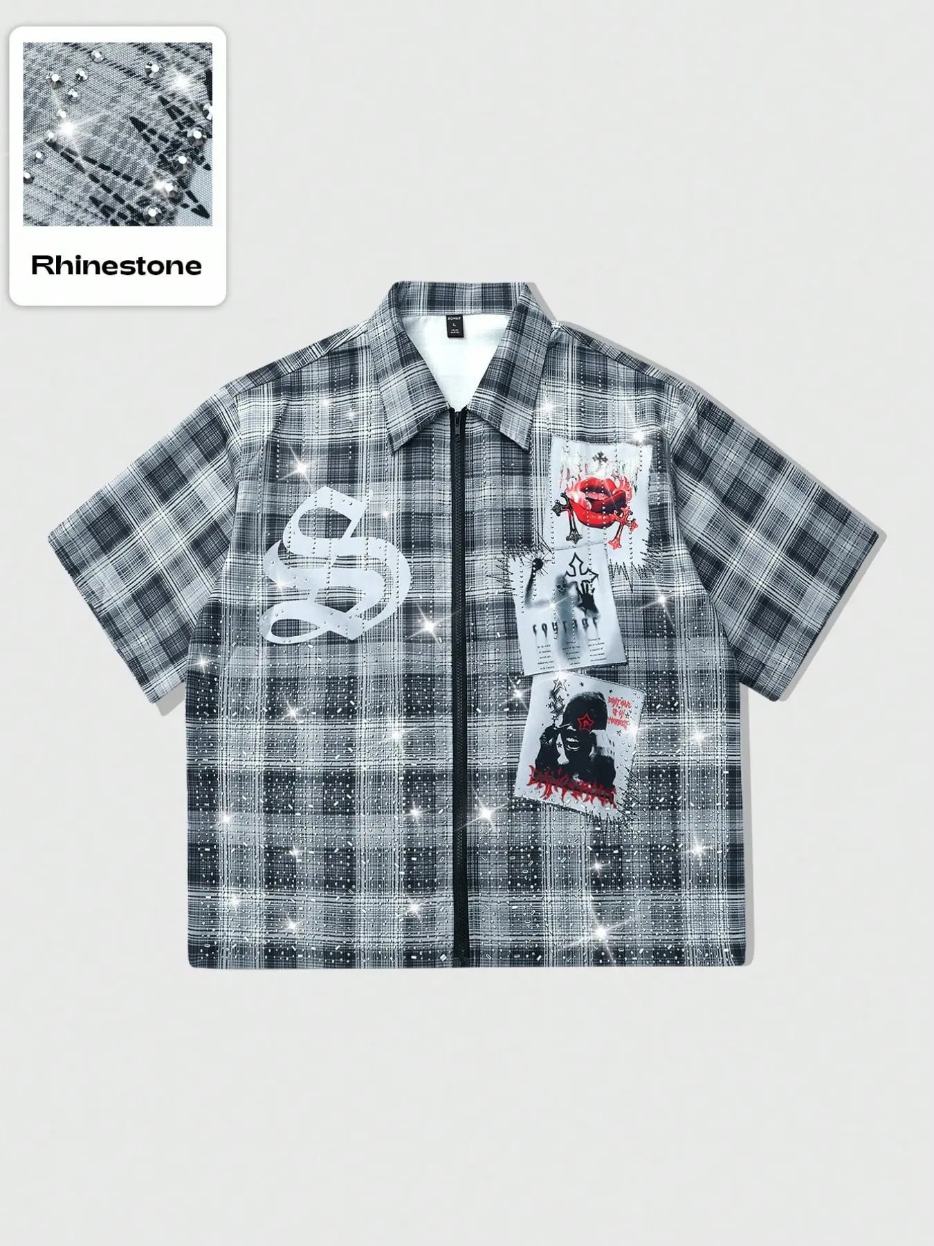 Men's rhinestone plaid short-sleeve shirt, orange and blue check pattern, full-zip front, graphic patches, oversized fit, sparkly crystal details, streetwear aesthetic, Y2K style, casual party wear, Casual Streetwear Clothes
