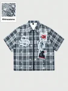 Men’s rhinestone plaid short-sleeve shirt, orange and blue check pattern, full-zip front, graphic patches, oversized fit, sparkly crystal details, streetwear aesthetic, Y2K style, casual party wear, bold statement design