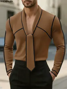 INCERUN Men's Fashion Knitted Colorblock Tie Long Sleeve T-Shirt, Knitwear Tops, Stylish Casual Wear, Comfortable and Trendy, Perfect for Daily Use