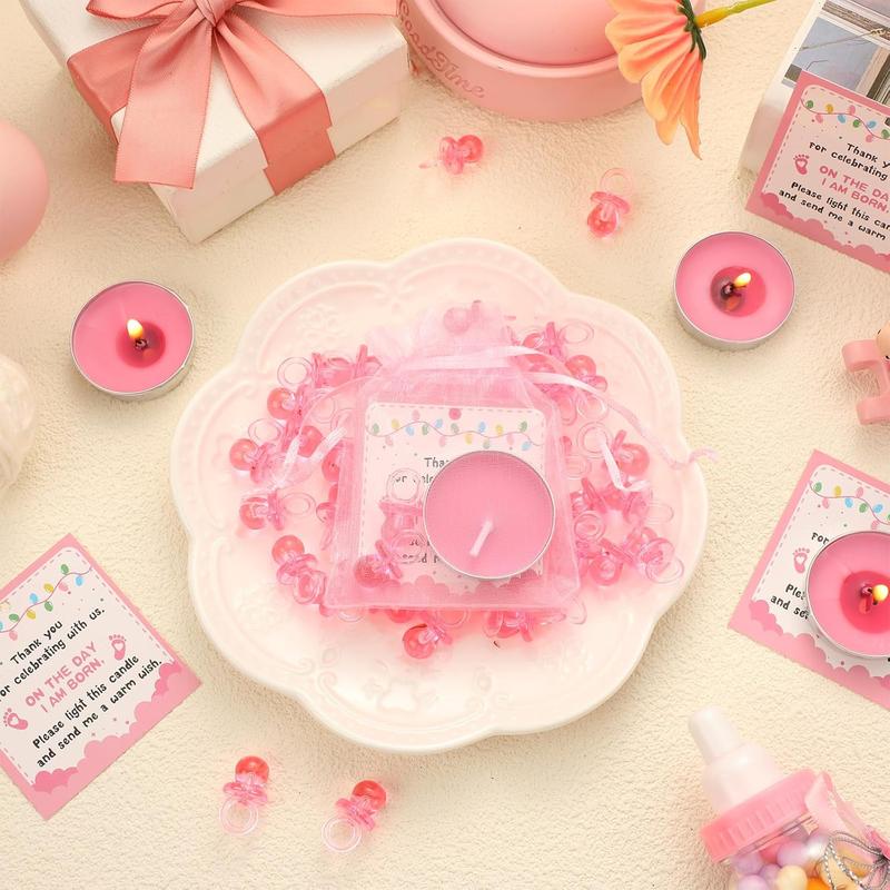 50 Sets Baby Shower Favors for Guests – Pink Pacifier, Tea Light Candles & Thank You Tags in Chiffon Bags – Bulk Gender Reveal & Birthday Party Supplies Gifts