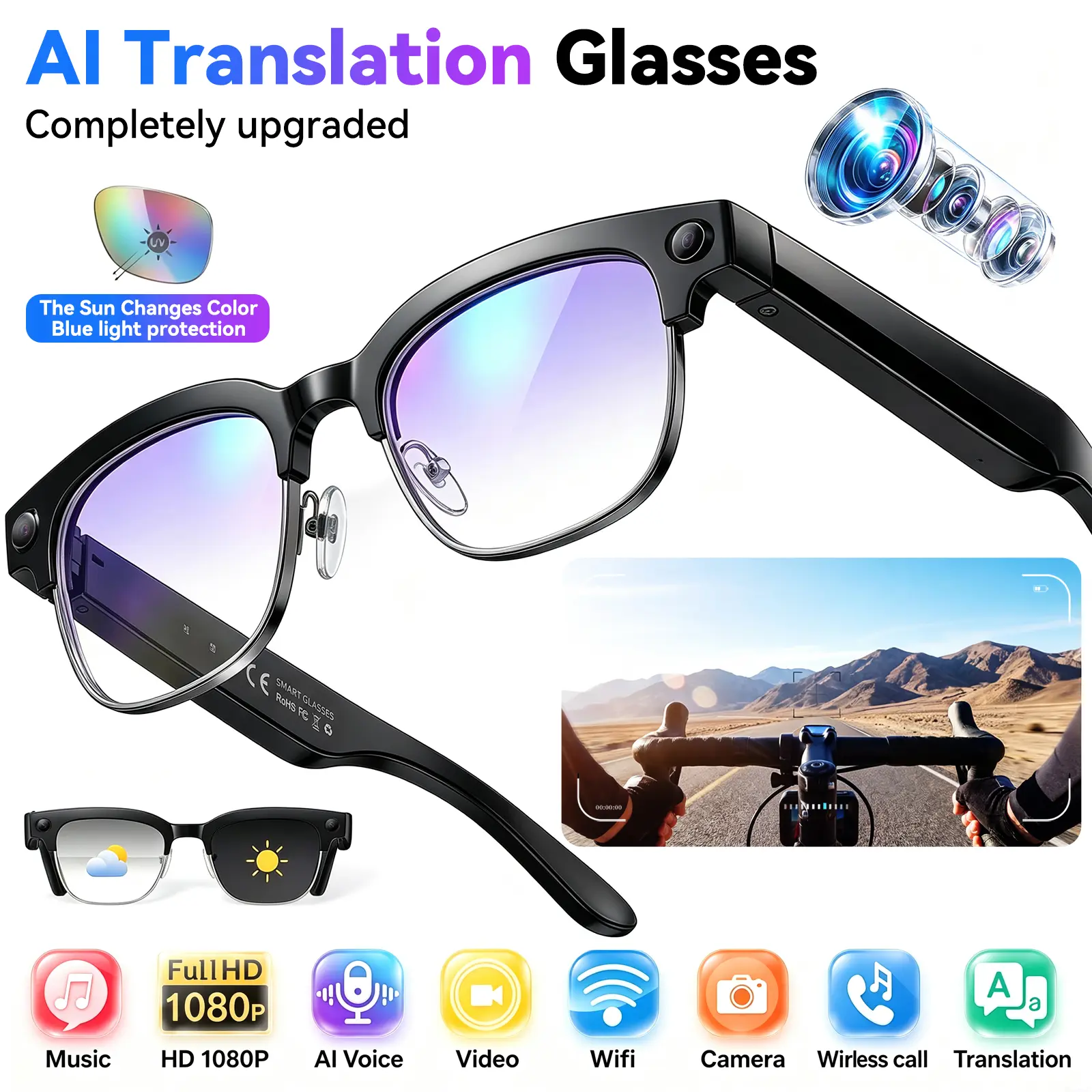 Smart Al Camera Glasses with 8MPPhotochromic Lenses, Button-TouchAdjustment, Languages Real-TimeTranslation, Bluetooth Wireless VideoRecording, UV Sun Protection, Cool Gadgetsfor Travel Outdoor Adventures, Back-to-School Gift for Both Men and Women