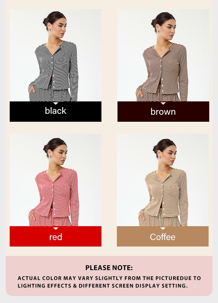 KatchMe Women's Casual Stripe Button Long Sleeve Top & Drawstring Waist Wide Leg Trousers Co-ord, Cozy Two Piece Set for Lady Spring & Fall