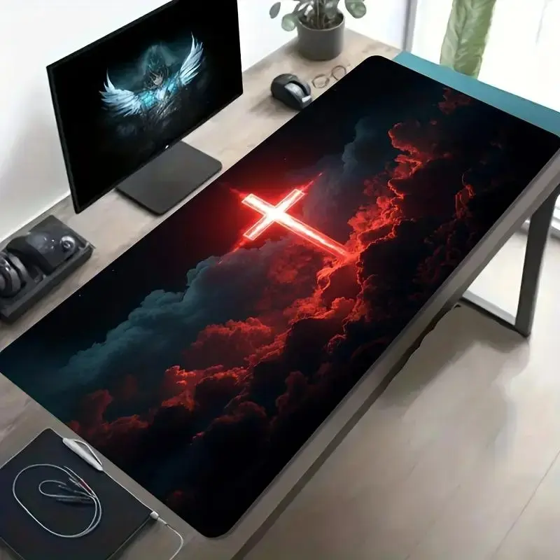Large E-Sports Gaming Mouse Pad, with Red Luminous Cross And Cloud Pattern, Non-Slip, Washable, Large Size Desk Mat, Office Desk Accessory, Computer Decoration Accessory, Desktop Decoration