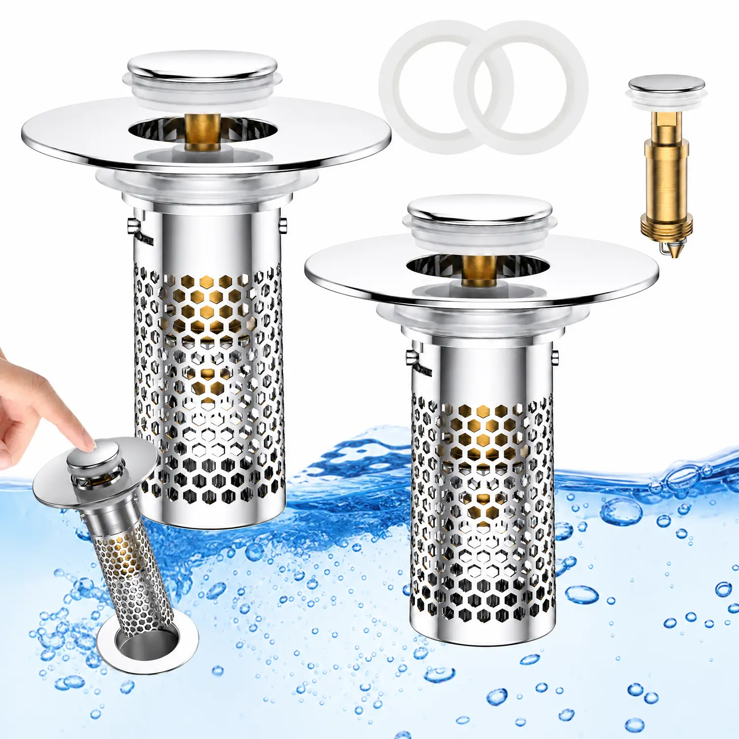 Stainless Steel Drain Stopper with Brass Core Durable, 40mm (1.06-1.26 inches) Modern Bathroom Accessory, Bathtub Drain Cover, Sink Drainage Hair Catcher with Removable Filter Basket, Anti-Clogging Easy Cleaning