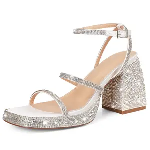 High Heels for Women Elegant Square Toe Chunky Platform Block Heel Fashionable Rhinestone Adjustable Ankle Strap Slip on Wedding Party Work Gifts for Her Heeled Sandals Party Heels