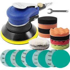 5 inch Air Random Orbital Sander for Auto Body Work, Pneumatic Palm Sander with 10 Polishing Sponge & Wool Pads, 10 Sandpapers (5 Inch Kit)
