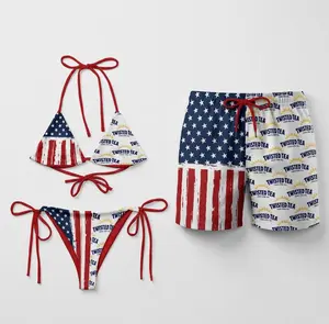 Matching Couple Swimwear Set, Twisted Tea American Flag Bikini & Board Shorts, Perfect Gift for Him &