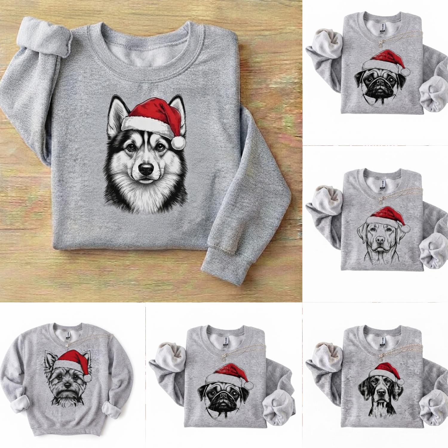 Cute Dog Santa Hat Christmas Graphic Sweatshirt, Festive Holiday Puppy Crewneck Pullover for Dog Lovers