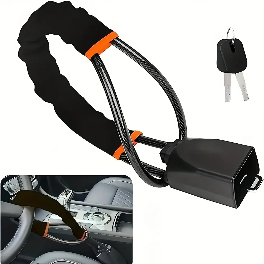 Universal Anti-Theft Steering Wheel Lock with Visual Anti-Theft Device, Telescopic Steel Cable, PVC Nylon Construction, Simple Install - Lockable Steering Locks & Security Accessory for Most Cars, Attaches to Seatbelt Anchor Point