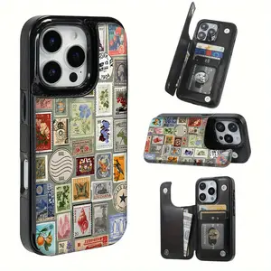 Creative Stamp Label Pattern Leather Card Holder Phone Case, Suitable for iPhone 17 Air/16 Plus/15 Pro Max/14 Pro/13/12/11/XS Max/X Phone Case, Perfect Gift for Thanksgiving and Christmas for Family, Friends, Lovers, Boyfriend, Girlfriend