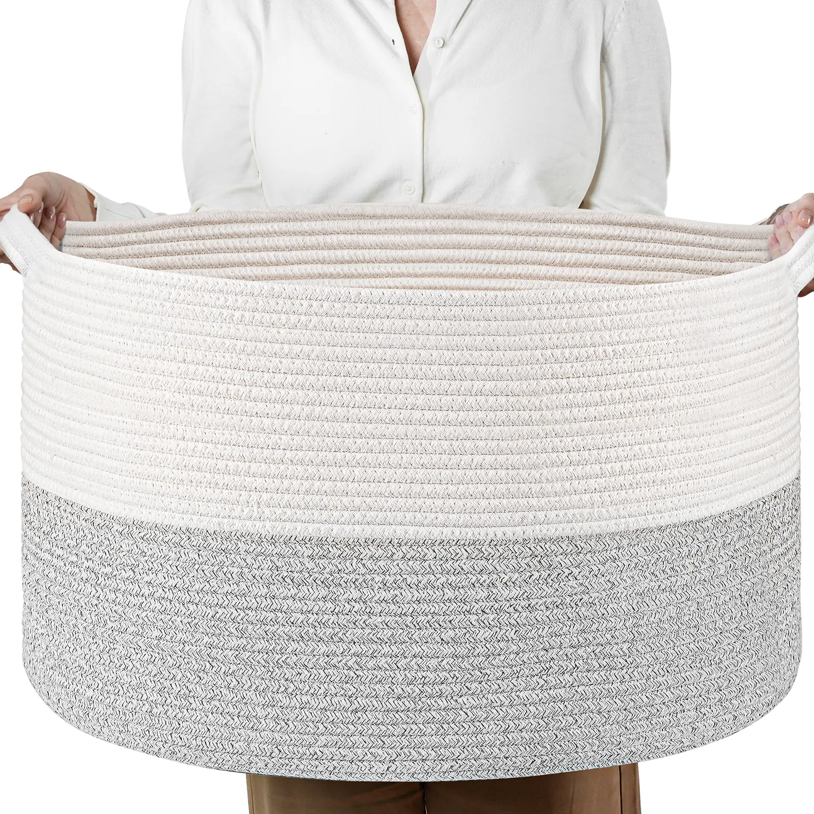 Sowyem XXXLarge Cotton Rope Basket 21.7" x 21.7" x 13.8" Woven Baby Laundry Blanket Basket Toy Basket with Handle Light Grey Storage Comforter Cushions Thread Laundry Hamper