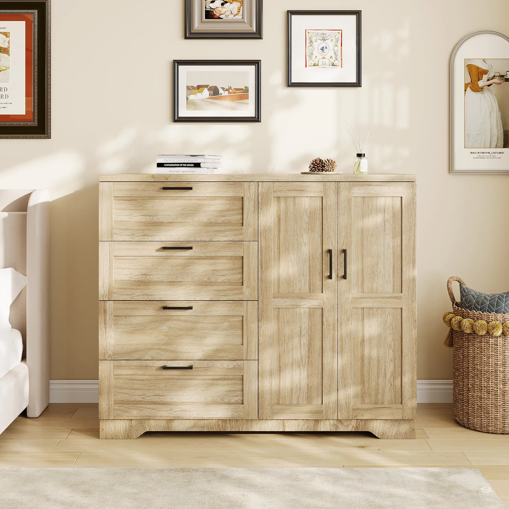 Sturdy Free Standing Wood & Engineered Wood Bedroom Low Dresser - 43.3'' H 2-Door Closet, 4 Drawers, Hanging Rod, Easy Access Children's Furniture Storage Cabinet for Hanging Clothes, Free Standing Closet