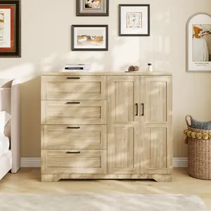 Multifunctional Low Wooden Dresser for Bedroom, 43.3'' H 2-Door Wardrobe Closet with 4 Drawers and Hanging Rod, Storage Cabinet for Hanging Cloth