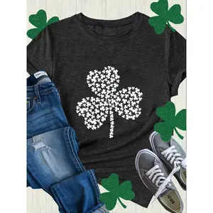 Women's Shamrock Print T-Shirt Suitable for - Casual Short Sleeve Crew Neck Blouse Top, Medium-Stretch Fabric, Machine Washable Spring Summer Casual Attire & Irish Events Outfits