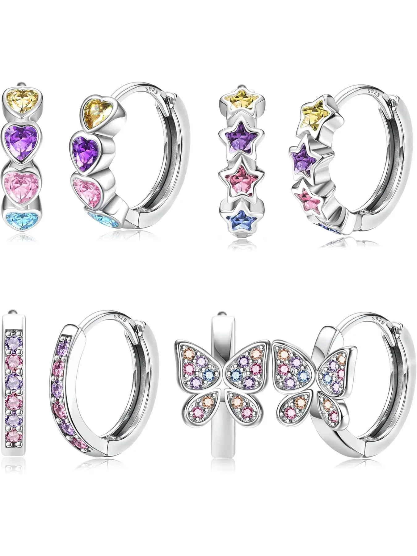 925 Sterling Silver Post Small Hoop Earrings For Girls - Hypoallergenic Huggie Earrings for Women Cute Heart Shaped Earrings Flowers Butterfly Star Cubic Zirconia Cartilage Earrings For Sensitive Ears 4Pairs High Quality Earrings