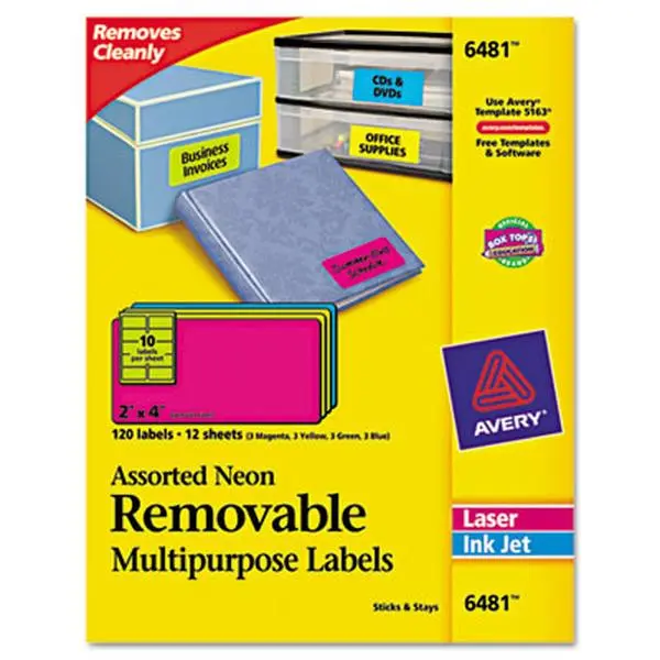 Avery 6481 Removable Self-Adhesive Color-Coding Labels- 2 x 4- Assorted Neon- 120-Pack