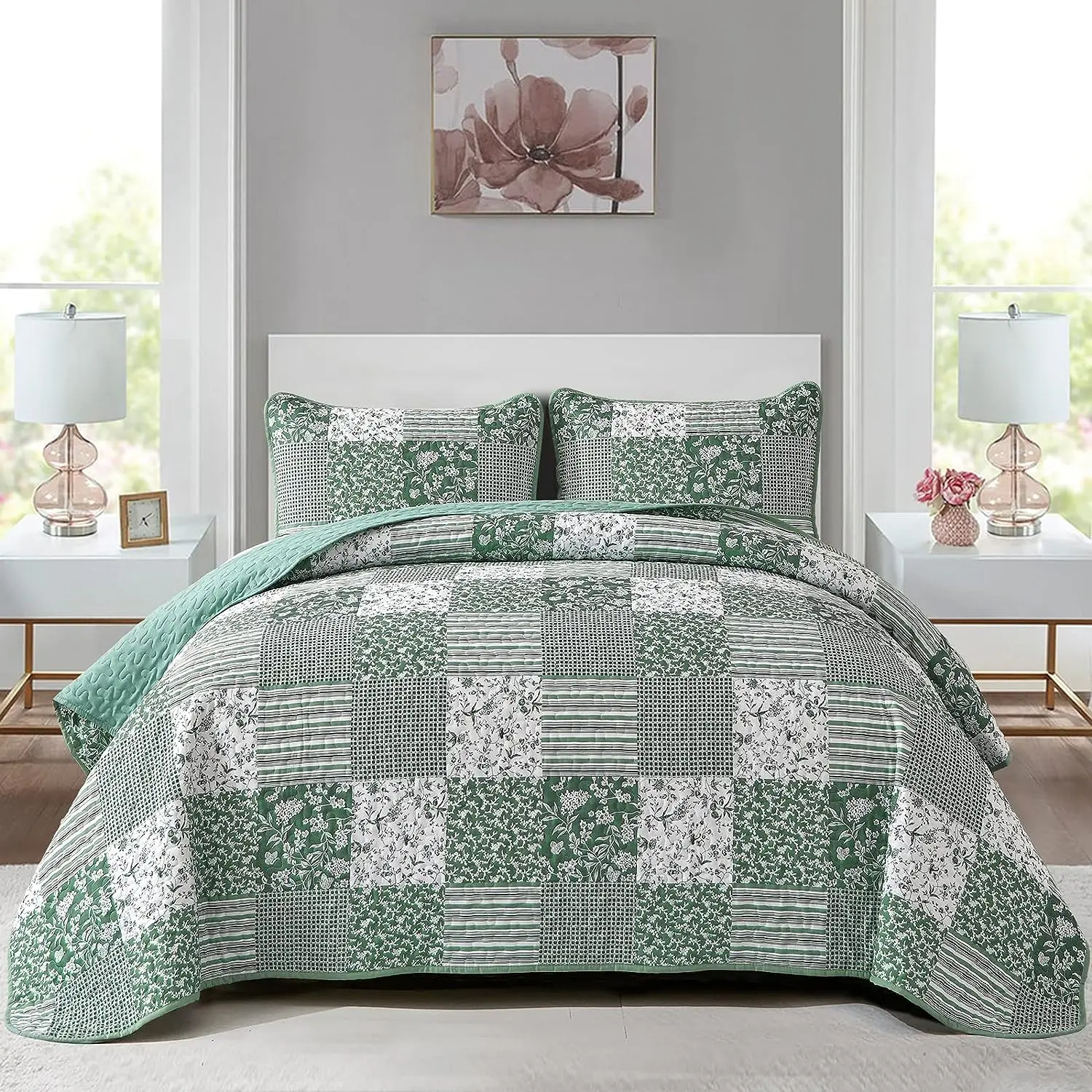 WONGS BEDDING Green Boho Queen Quilt Set, 3-Piece Reversible Soft Plaid Floral Bedding Set with 2 Pillow Shams - Sage Green Queen Size Quilt Bedspread Coverlet Set 90” x 96”