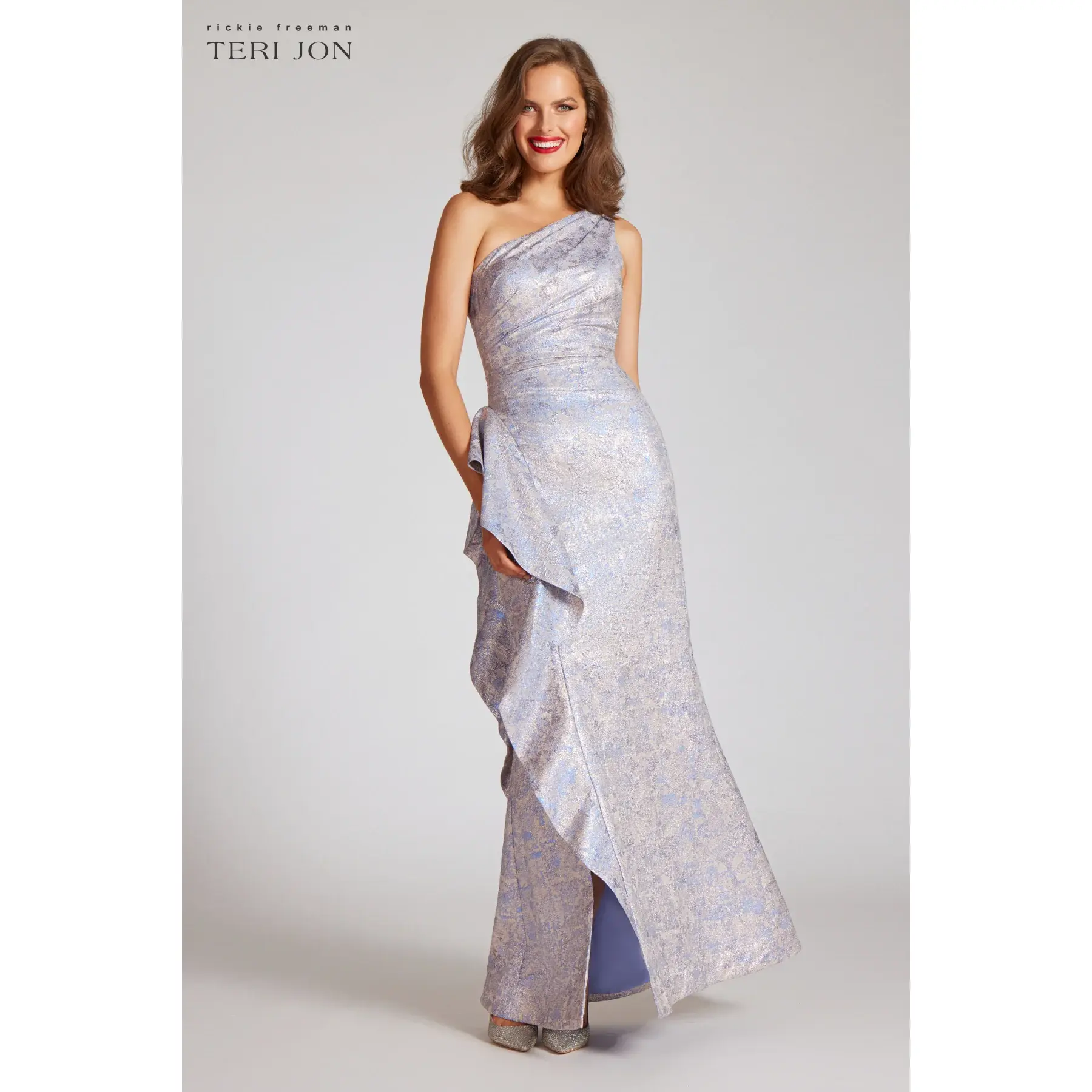 Teri Jon One Shoulder Side Ruffle Jacquard Gown 249095