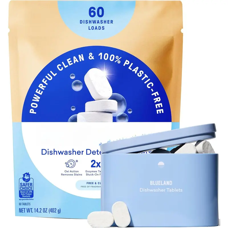 BLUELAND Dishwasher Detergent Tablet Refill 1 Pack, 60 Count Plastic Free Alternative To Liquid Pods Or Sheets Natural Sustainable Eco Friendly Dishwasher Detergent 60 Washes