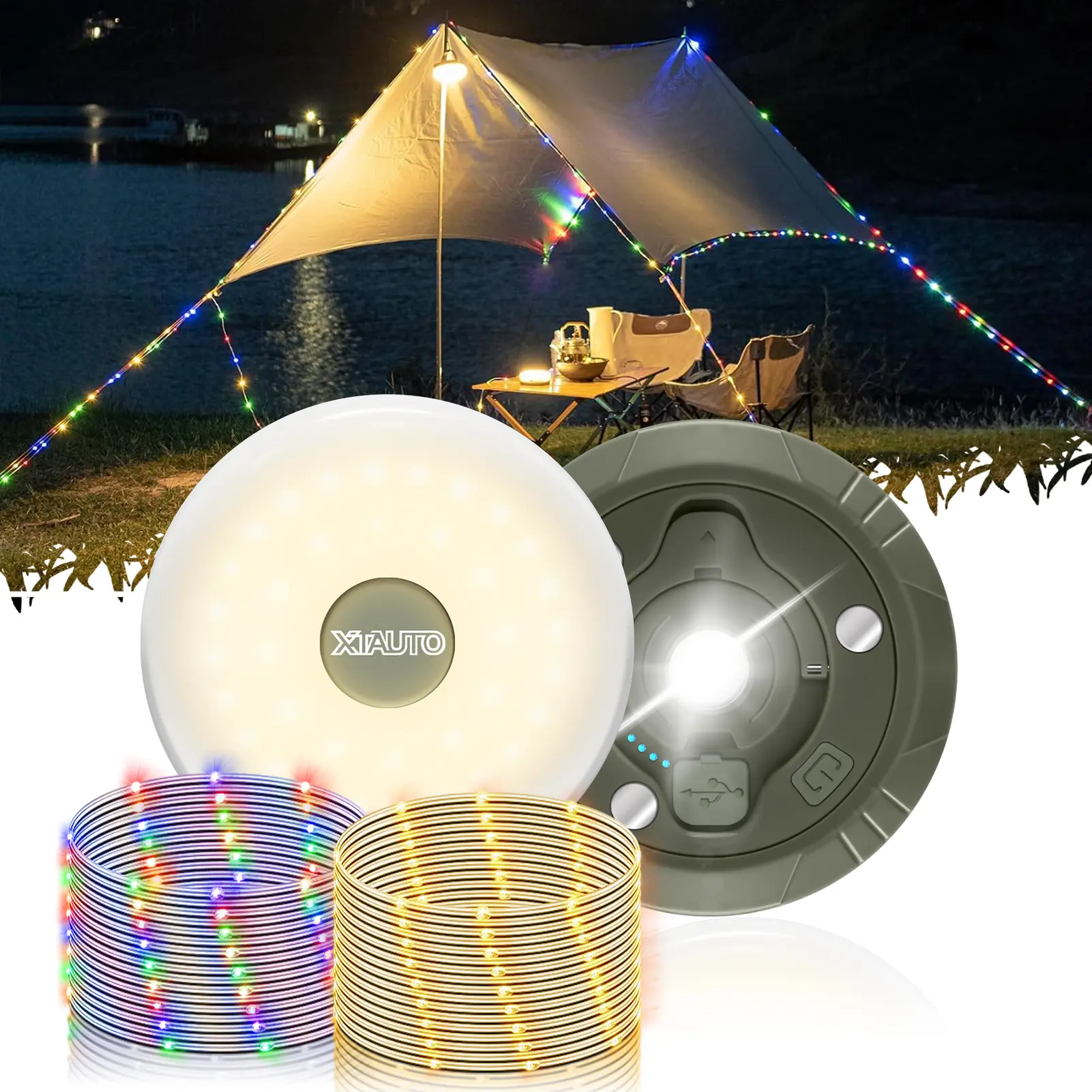 XIAUTO 4-in-1 Rechargeable Camping String Lights, 32.8FT, 8 Modes, 2000mAh Battery, USB Charging, Waterproof LED, RGB & Warm White, Outdoor Decor for Camping Hiking Essentials, Warm White Light, Waterproof Led Light