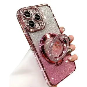 Glitter Durable Phone Case with Liquid Flow Ring Stand, Rhinestone Decor Phone Protective Cover, Phone Accessories Compatible with iPhone 16 15 14 13 12 11 Pro Max, Casing, Protector