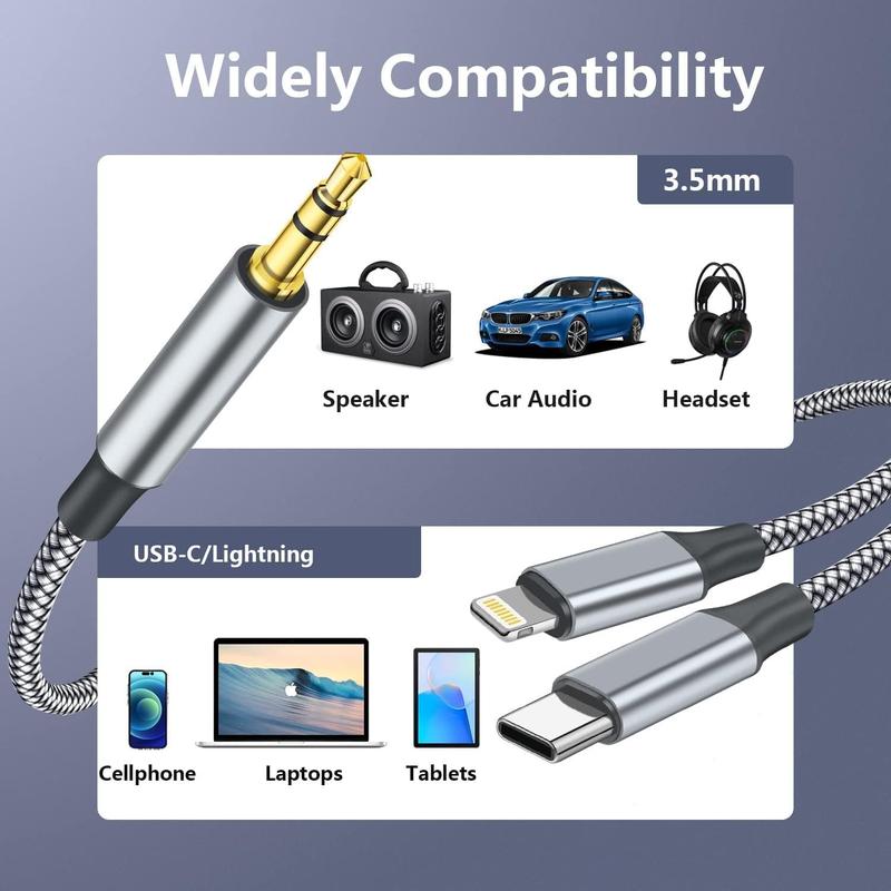 Aux Audio Cable for iPhone, 2 in 1 USB C to 3.5mm Aux Audio Lightning to 3.5mm Audio Cable Fit with iPhone 16 15 Plus/14/13/12/11/XR, Galaxy S24/S23/S22, Pixel 8/7/6/5, iPad to Car Stereo Speaker 4FT