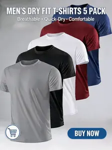 Men's 5-Pack Solid Color Sport T-Shirts, Quick-Dry Soft Breathable Round Neck Short Sleeve, Polyester Fabric, Summer Casual Wear, Activewear Tees