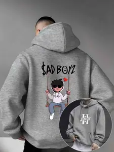 Men's Casual Fitted Hooded Sweatshirt with Kangaroo Pocket, Creative Pattern Print, Micro-Elastic Knit Fabric, 100% Polyester Fiber, Perfect Gift