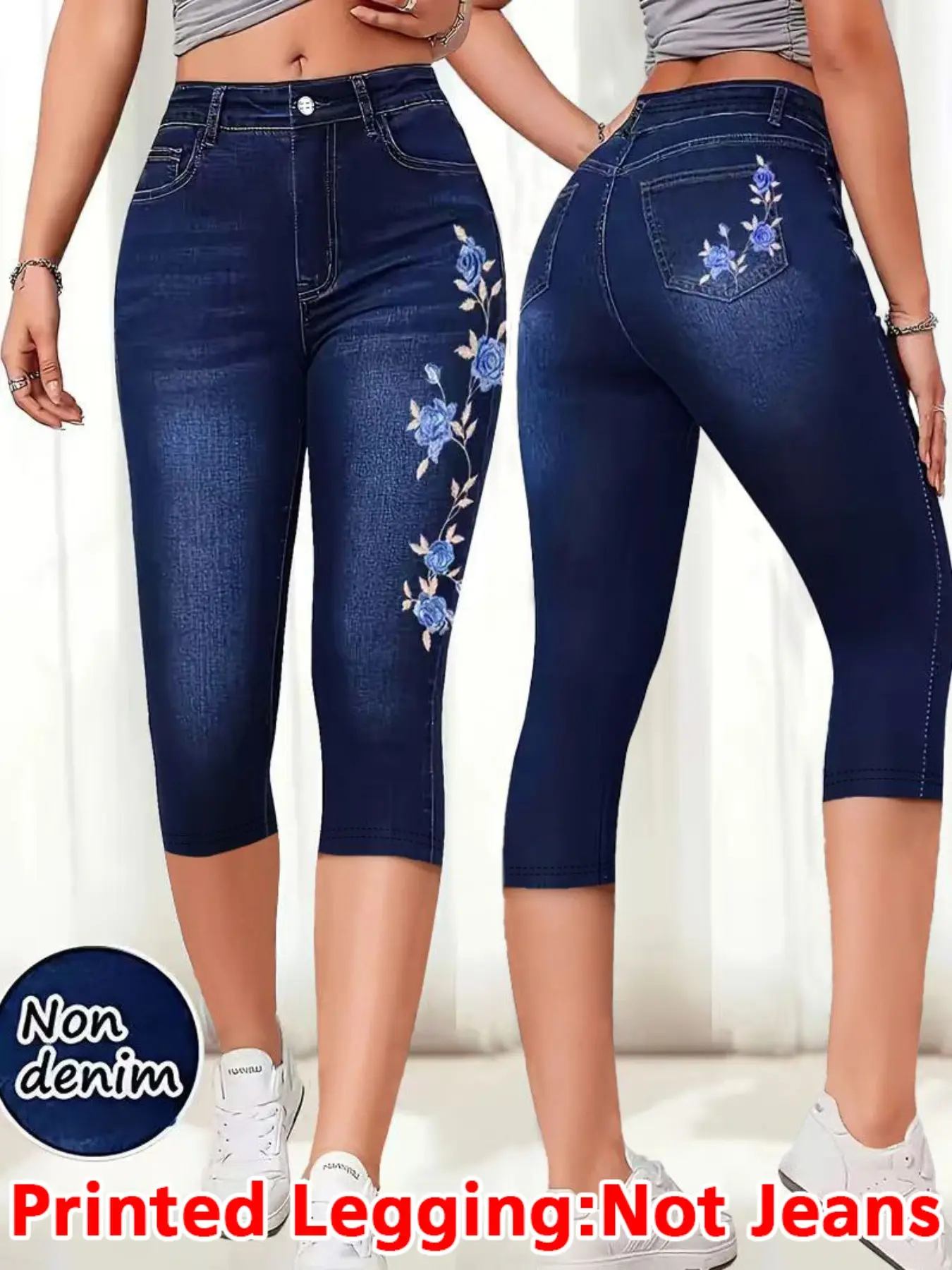 Women's Printed Leggings, Fashionable Streetwear Fake Jeans Tight Pants, Pockets, Elastic Print, Fit, All-Season Wear, Elegant Style, Summer, Bottom