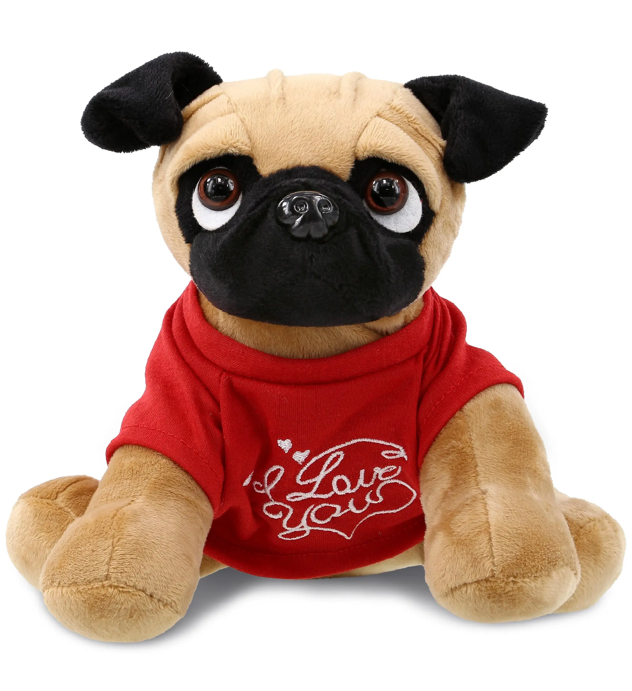 DOLLIBU 8" Polyester Stuffed Pug Dog Stuffed Animal, Durable Soft Fluffy Plush with Embroidered "I Love You" Red Shirt, Cuddly Gift for 0-12 Year Old Kids, Stuffed Animals