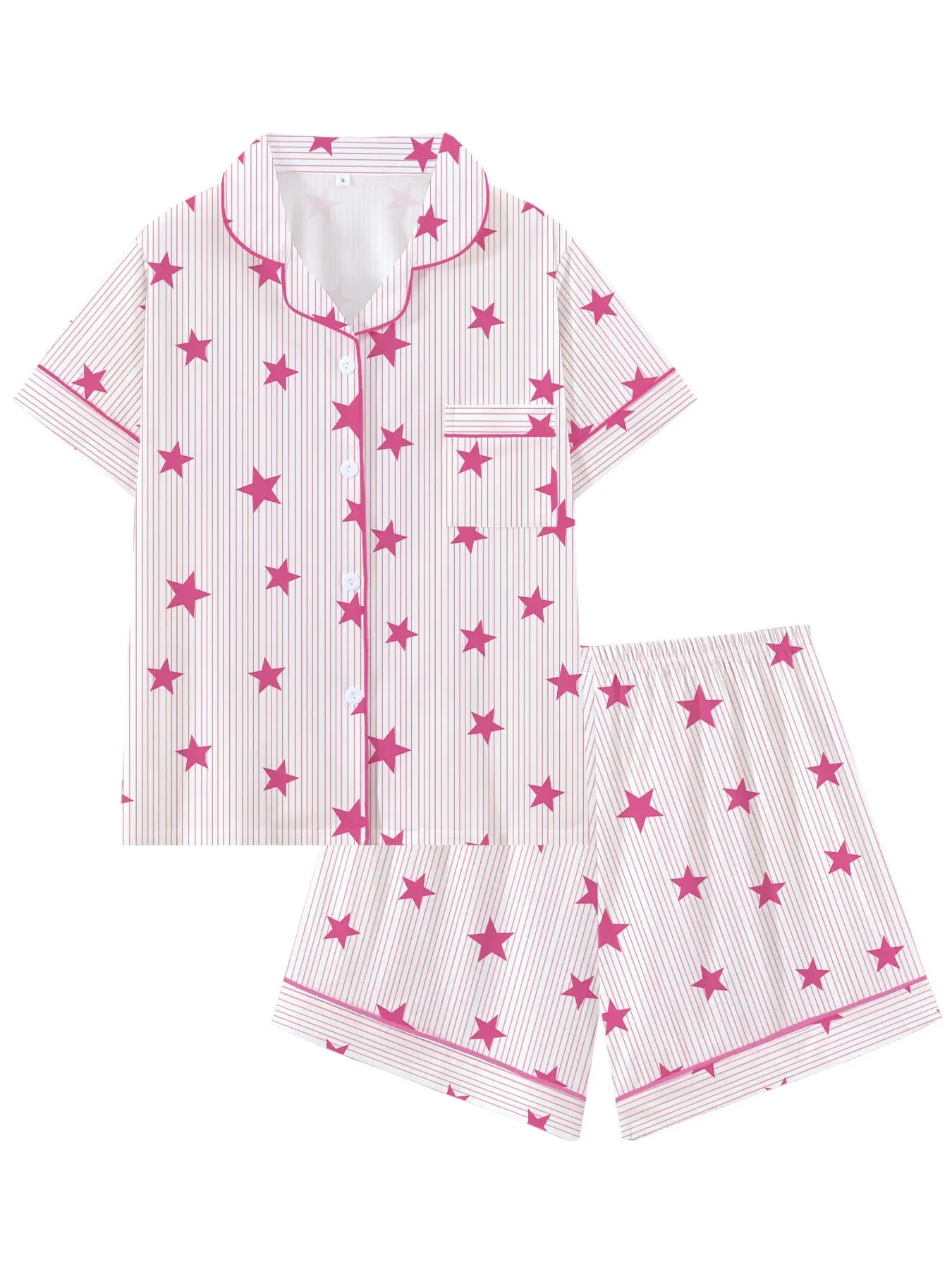 Y2K Preppy Style Pink Star Print Pajama Set for Women | Cute Striped Short Sleeve Button Down Sleepwear | Sweet Girl Aesthetic 2-Piece Lounge Set | Soft Summer PJs | Cozy Everyday Nightwear & Dorm Loungewear Pyjamas