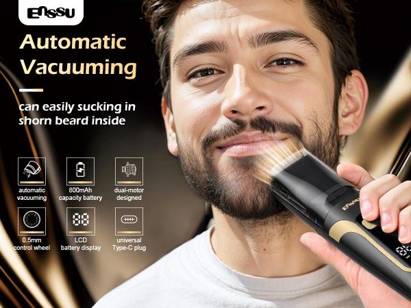 Enssu Vacuum Beard Trimmer for Men, Auto Hair Suction Electric Trimmer, 2 Guide Combs, Adjustable Length Dial, Waterproof Cordless Grooming Kit for Beard, Face & Body