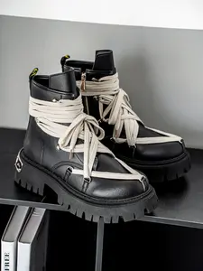 Men's Black-Beige Avant-Garde Deconstructed High-Top Boots, Avant-Garde Deconstructed Style, Leather Material + Platform + Strap Construction, Deconstructed Eye-Catching, Platform Height-Increasing, Unique Style , Ideal for Daily Outfits & Street Fashion
