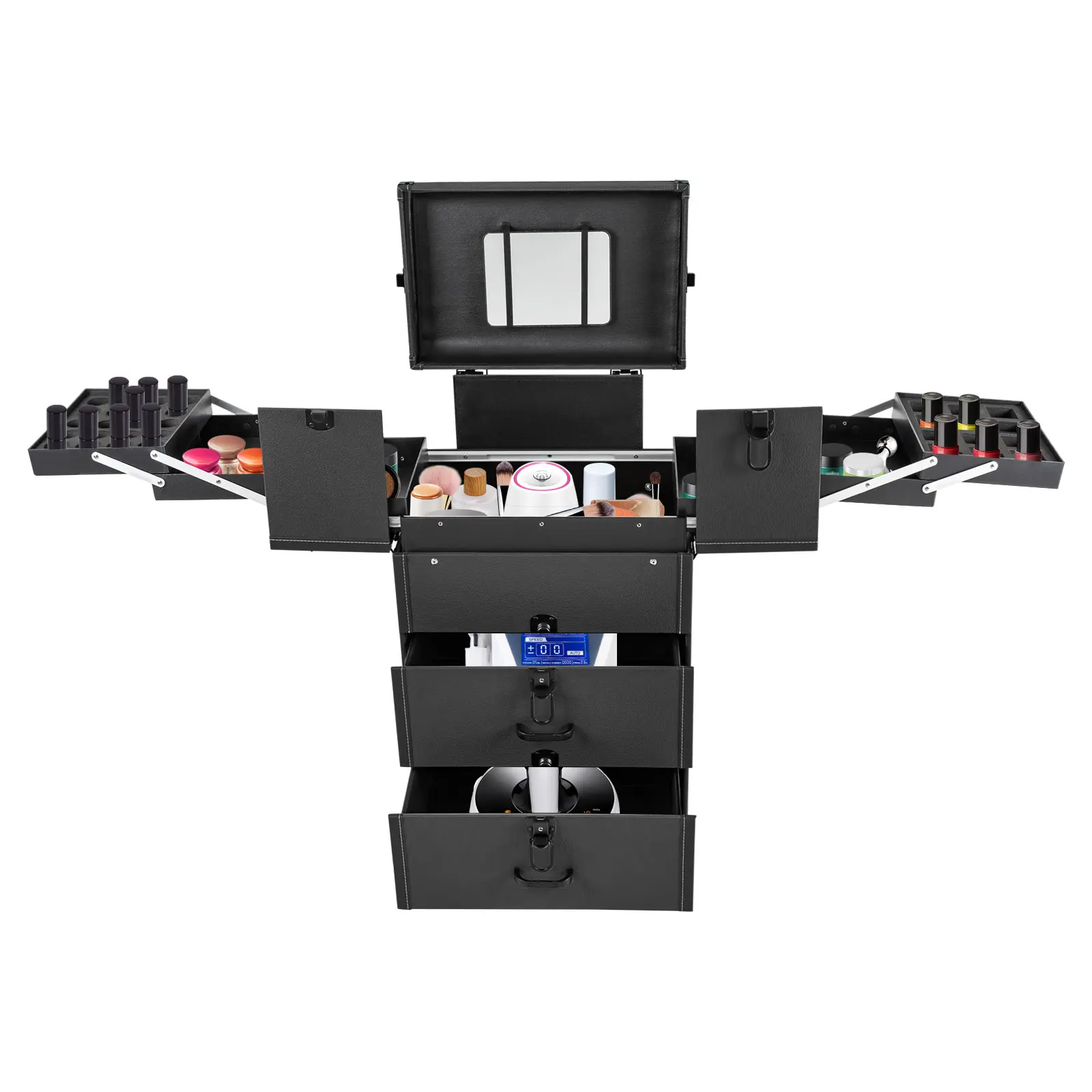 Lockable Rolling Makeup Case with 4 Trays, 2 Drawers, 4 Wheels (2 Locking), Telescopic Handle, Mirror, EVA Dividers & 110 lbs Capacity – Home Organizer Storage Trolley for Beauty Products, Professional Makeup Artists, Travel