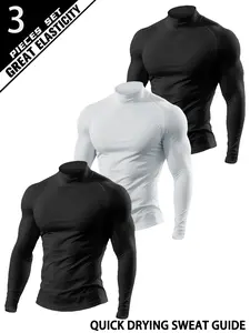 3 Pack Men's Mock Neck Design Compression Shirts Long Sleeve High Elasticity Muscle Fit Base Layer Workout Tee 4-Way Stretch Athletic Undershirt Activewear Top for Gym Training Bodybuilding Running  Sports Fitness Apparel.