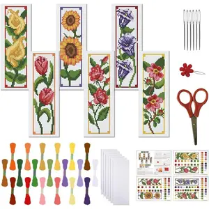 6 Set Bookmark Cross Stitch Kits with Instructions 6 Flowers Pattern Embroidery Kit for Beginners Bookmark Making Kit for Gift