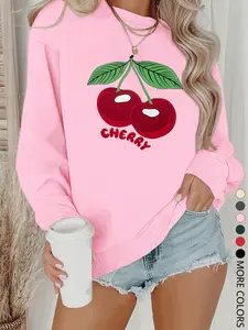 New Stylish Cherry Fruit Print Knit Sweatshirt, Fitted Long Sleeve Pullover for Fall & Winter, Casual Women's Round Neck Top
