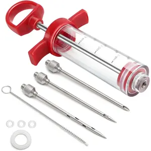Meat Injector, 1-oz Plastic BBQ Marinade Injector Kit, Turkey Injector Syringe (3 Stainless Steel Meat Needles +3 Replacement O Rings + 1 Cleaning Brush) for Turkey Smoked BBQ Grill