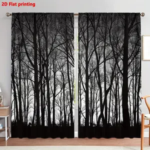 2D Flat 2Pcs Curtains Black and White Forest Trees Pattern, Room Darkening Privacy Protection Perforated, Digital Printing for Living, Bedroom, Study, Home Decoration