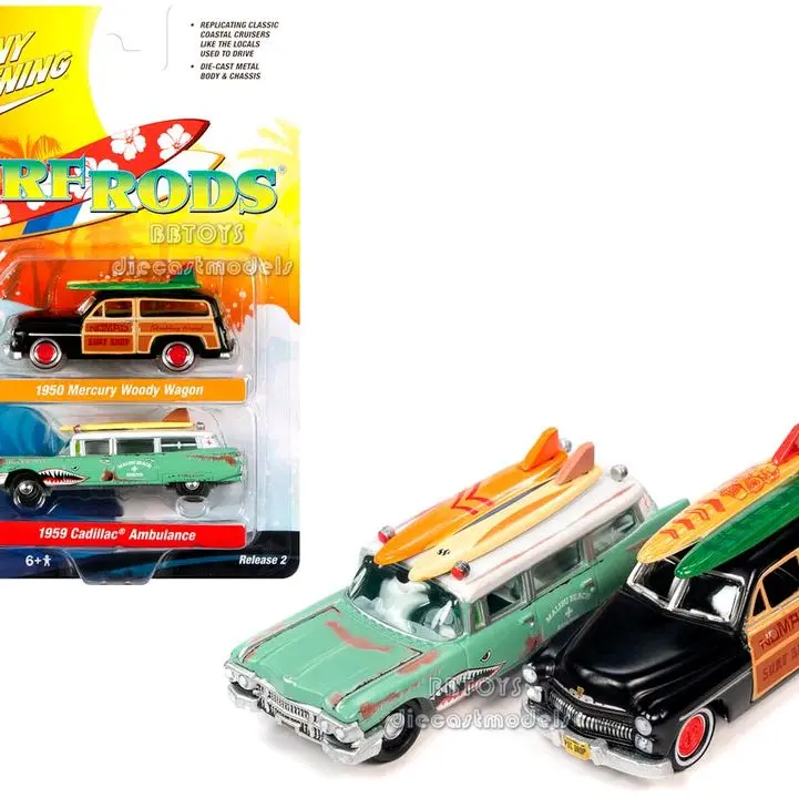 Mercury Woody Wagon Matt Black & Cadillac Ambulance 1950 & 1959 Diecast Models Set of 2 Cars 2-Packs with Surf Panel Designs