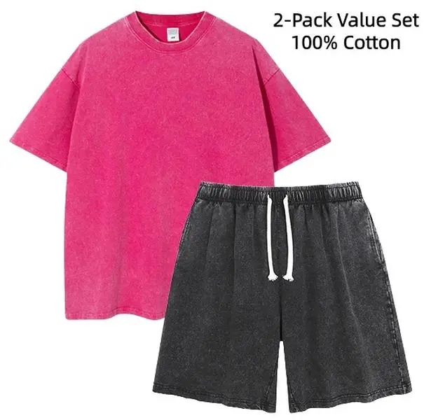 Men's 2-Pack Vintage Distressed Blush Pink 100% Cotton Casual Plain Short-Sleeve Round Neck Oversized Crew Neck Blank T-Shirt & Elastic Drawstring Waist Knee-Length Shorts Loungewear Set for DIY Custom Printing, Shortsleeve, Elastic Waist
