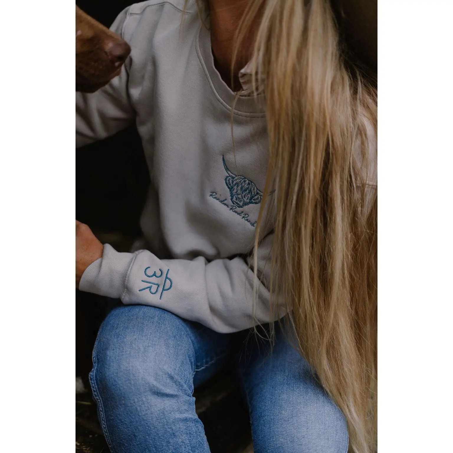 Fitted Random Road Ranch Embroidered Highland Cow Crewneck