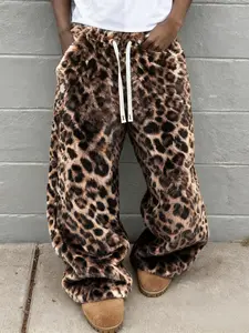 Unisex Leopard Print Fleece Pants, Soft Rabbit Fur Fabric, Fall Winter Warm Comfort, Street Hip Hop Style, Daily & Outdoor Wear