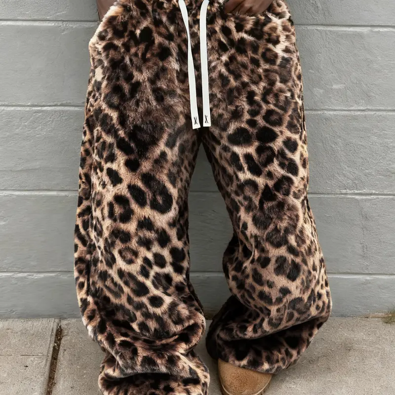Unisex Leopard Print Fleece Pants, Casual Bottoms, Soft Rabbit Fur Fabric, Fall Winter Warm Comfort, All Season Trousers, Street Hip Hop Style, Daily & Outdoor Wear, Streetwear, Casual Fitted Pants